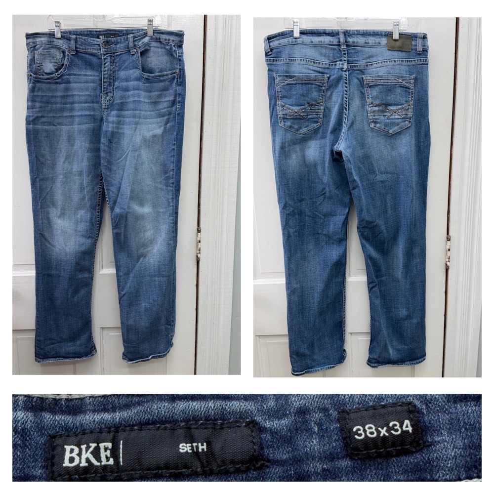 BKE Seth Mens 38x34 Long Tall Thick Stitch Bootcut Denim Jeans Blue GBP17049